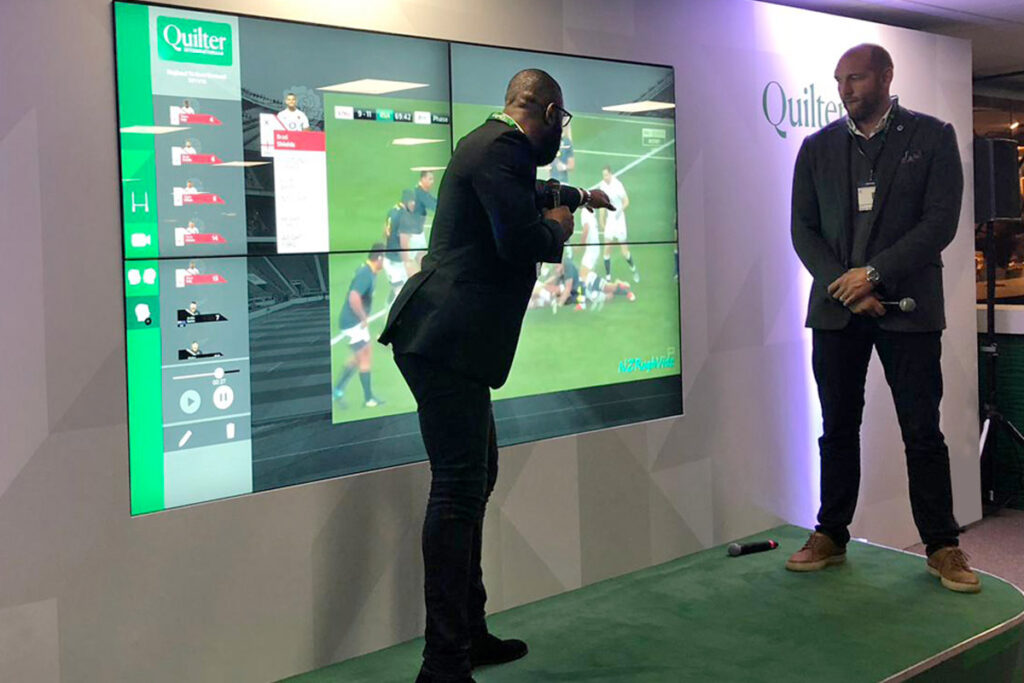 With specialist sports agency, Creative Midfield, Arcstream designed installed and ran a large format interactive display for Quilter to impress and entertain key clients and partners in their rugby match hospitality suite.